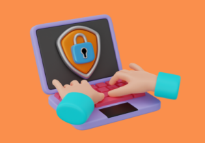 A colorful illustration of two hands tapping the keyboard of a laptop with a large padlock image displayed on the screen.